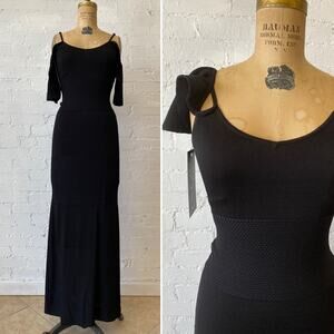 BeBe's black knit maxi dress, off the shoulders flutter drop sleeves, size small